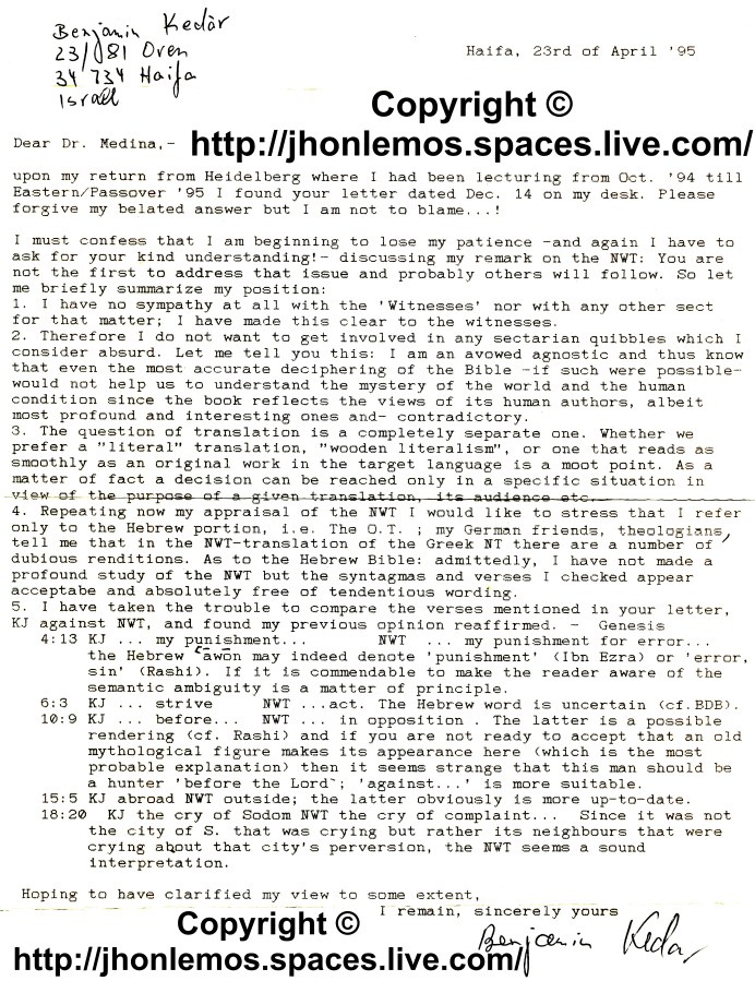 Carta Benjamin Kedar - 23 de abril de 1995