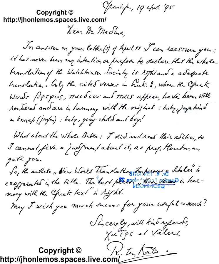 Carta doctor Rijkel ten Kate - abril 19 de 1995